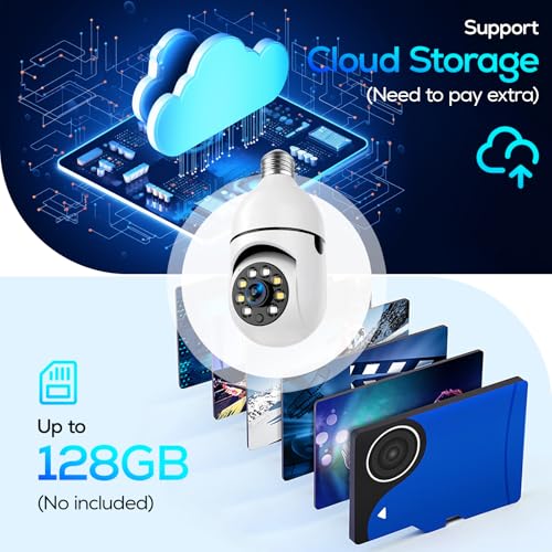 Light Bulb Security Camera, 360° WiFi Wireless Outdoor Indoor Color Night Vision, Auto Tracking Smart Alarm, 2-Way Talk, Porch Light Socket Camera E96439
