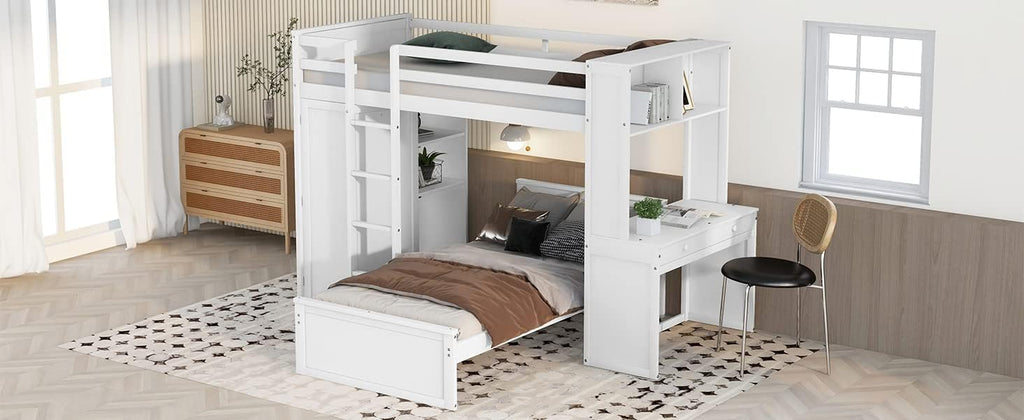 White Twin Wooden Bunk Loft Bed with Shelves Desk and Wardrobe M64287