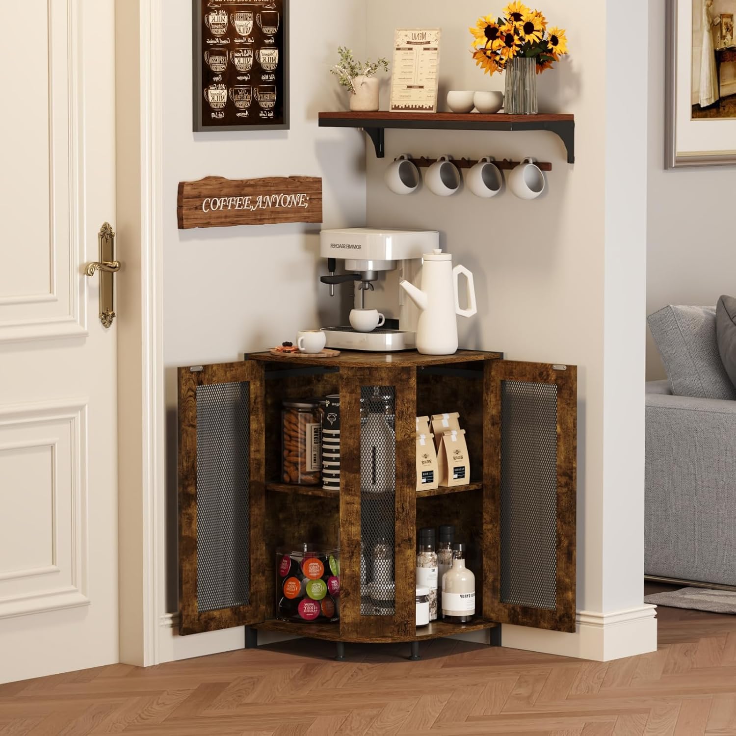 3-Tier Rustic Wood Coffee Bar Cabinet with Storage Shelf G68688