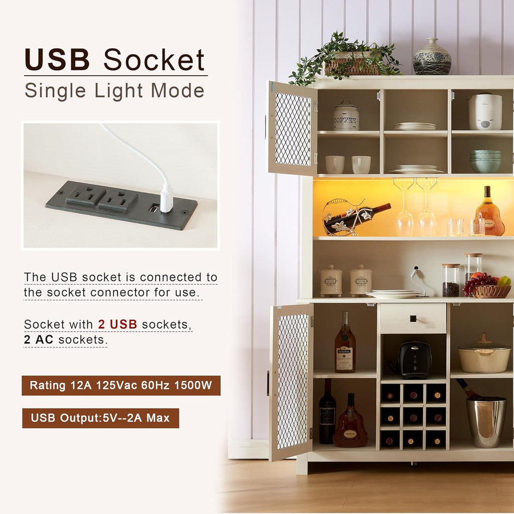 White Rustic Sideboard Buffet with LED and Outlets S737