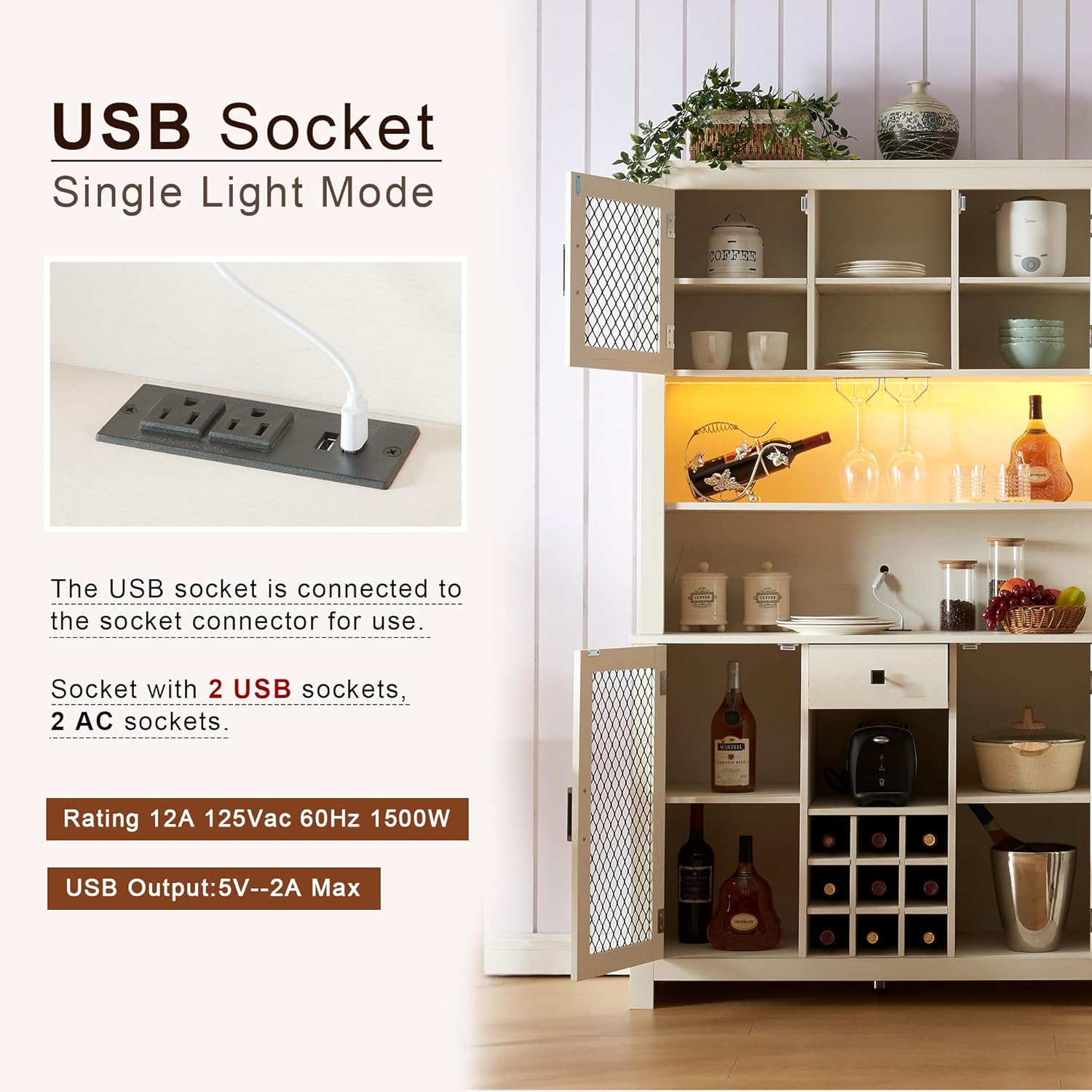 White Rustic Sideboard Buffet with LED and Outlets S737