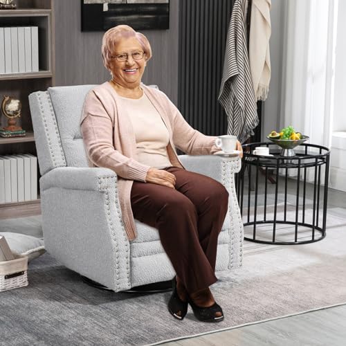 Beige Boucle Upholstered Swivel Recliner Chair V8156