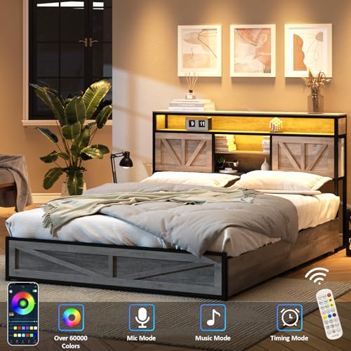 Queen Size Bed Frame with 4 Drawers LED Light and Headboard Storage Shelves, Wash Grey X412355