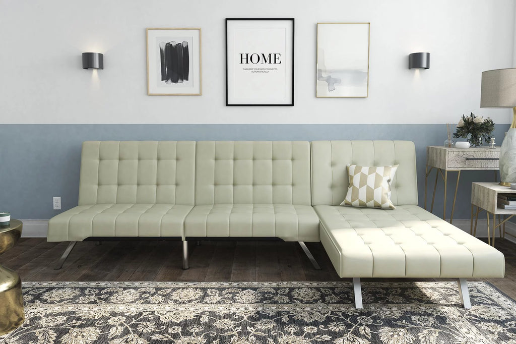 Vanilla Faux Leather Sectional Futon Sofa Bed with Chrome Legs C5268
