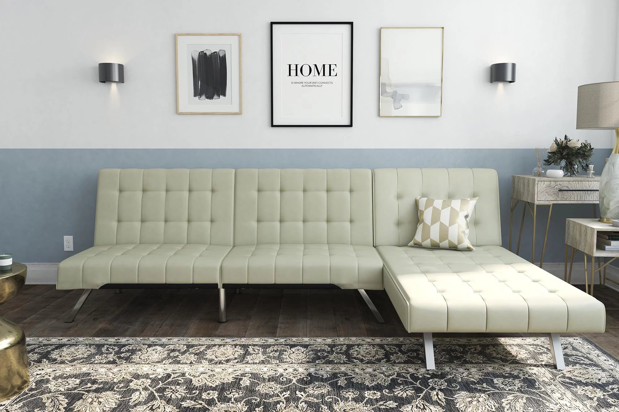 Vanilla Faux Leather Sectional Futon Sofa Bed with Chrome Legs C5268