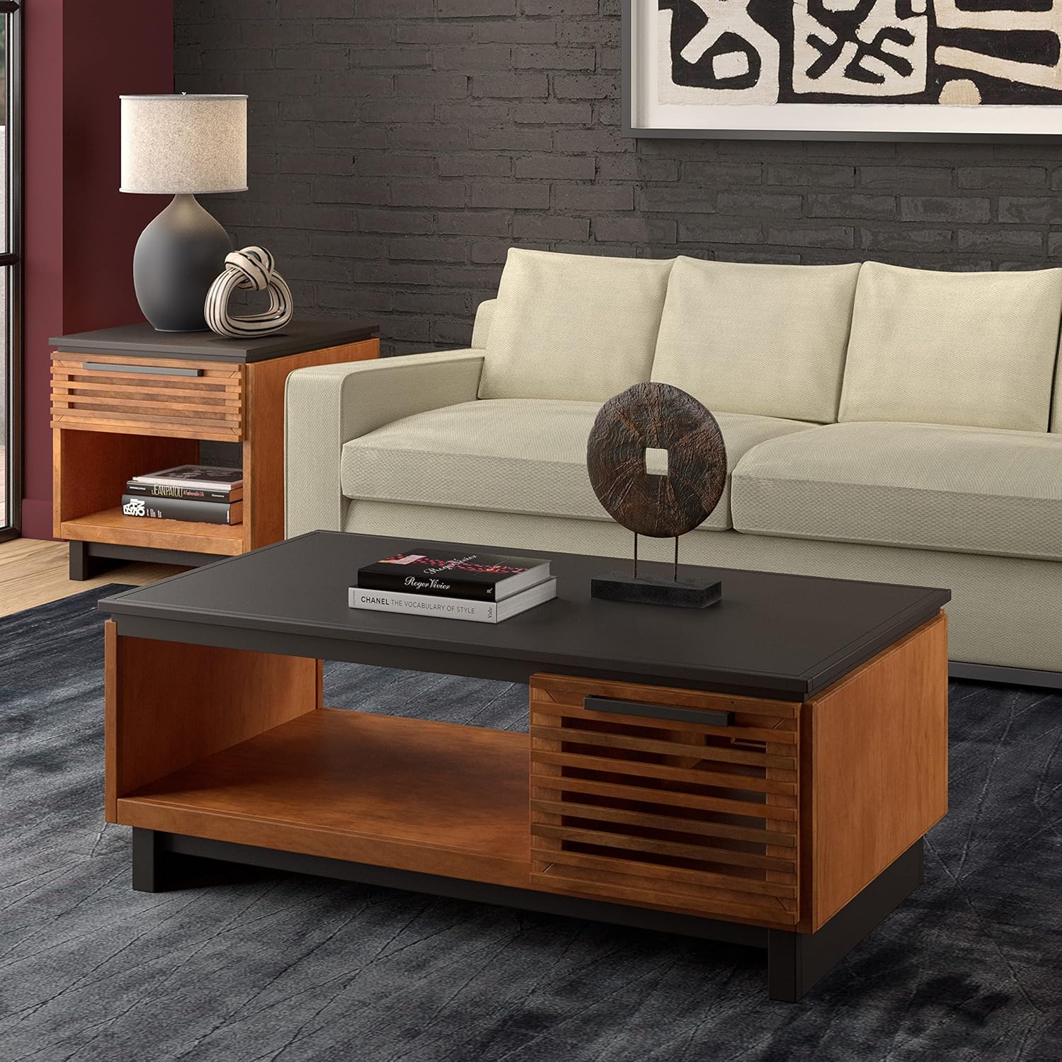 Modern Coffee Table, 47 inches, Poplar Solid Wood, Bourbon and Black Finish S587944