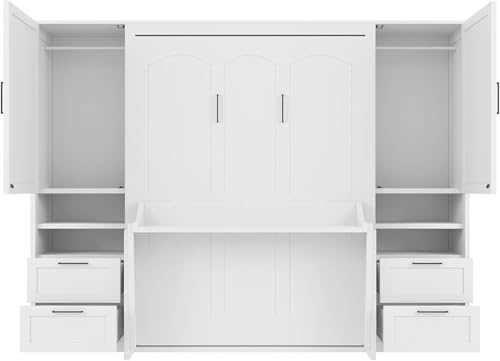 Full White Wood Murphy Bed with Desk and Storage W6851