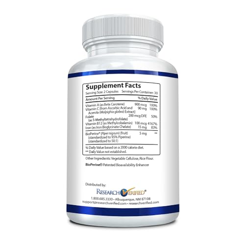 Anemia Support Iron Vitamin C Vitamin A B12 Folate BioPerine 60 Capsules B625914