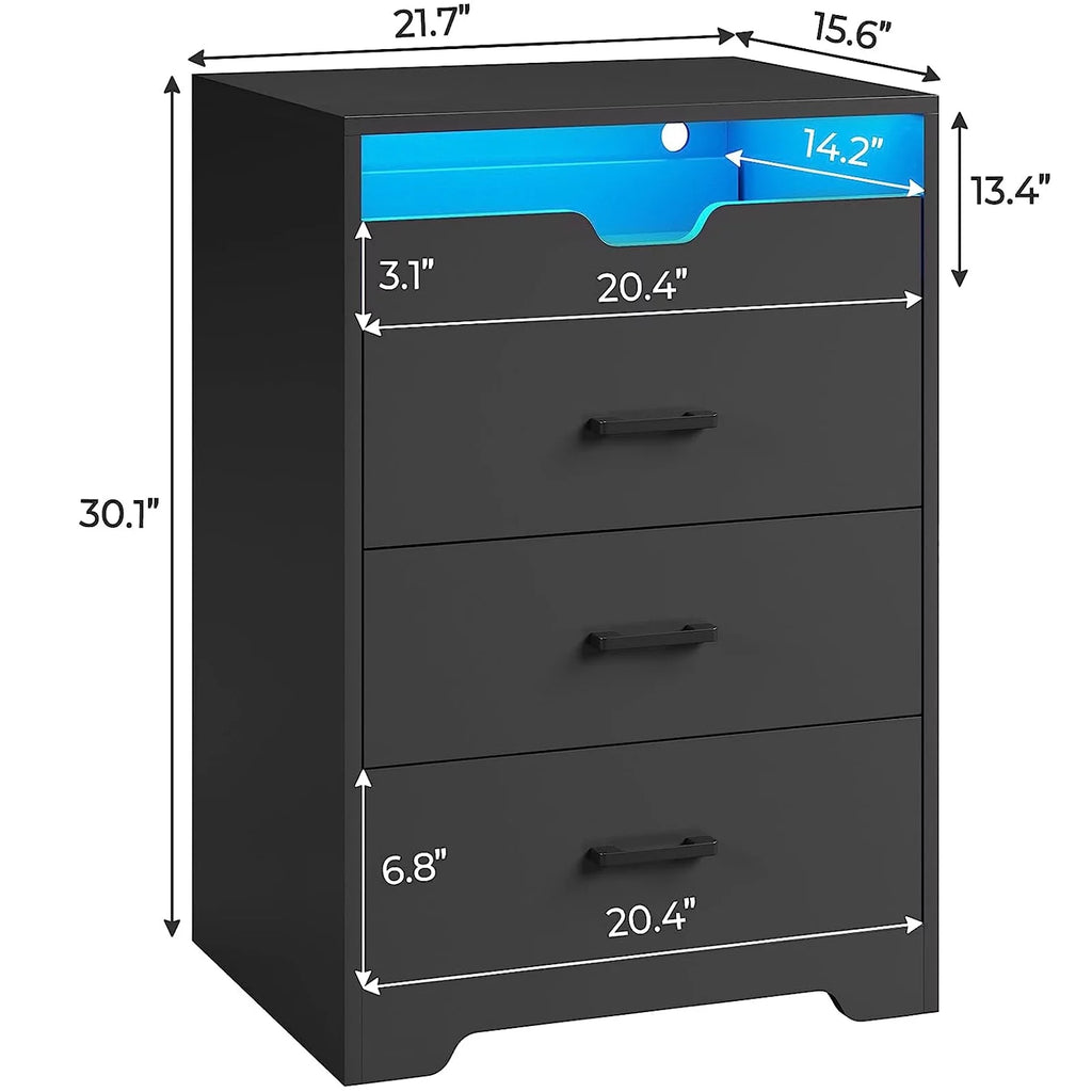 3 Drawers Black Dresser with LED Lights O934