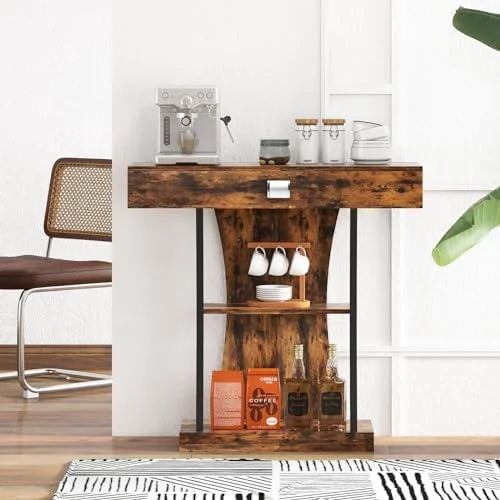Rustic Brown 3-Tier Console Table with Drawer and Shelves C6612