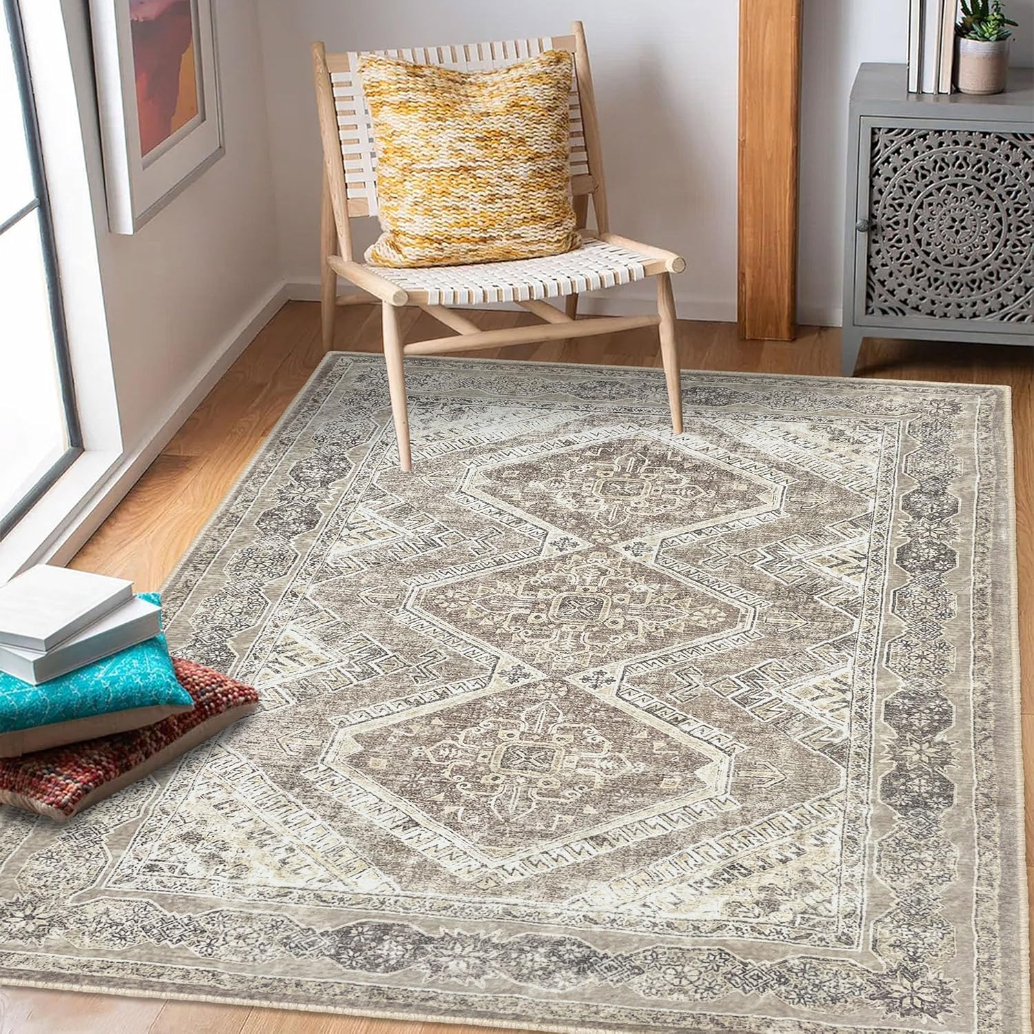 Washable 4x6 Faux Wool Area Rug Y2603