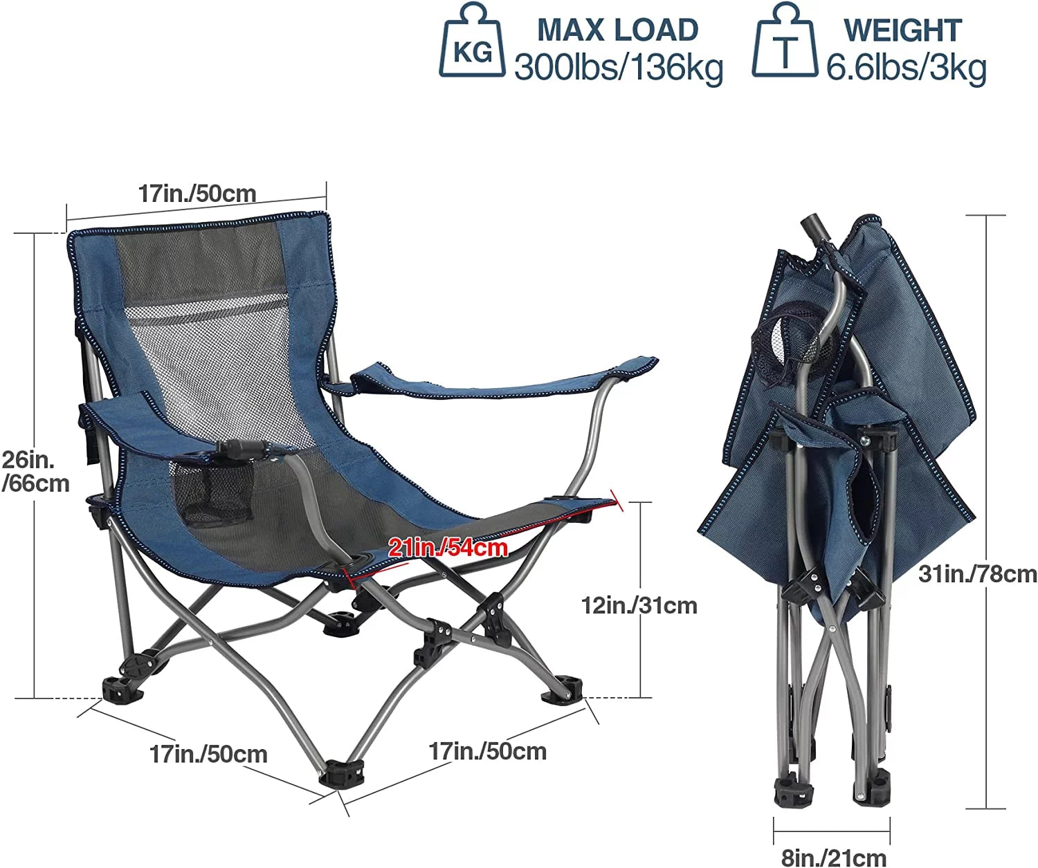 Low Beach Chair with Adjustable Backrest and Cup Holder, Navy F7552