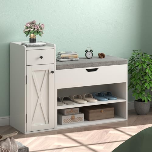 2-Tier Shoe Storage Bench with Sliding Barn Door Storage Cabinets & Removable Seat Cushion S223