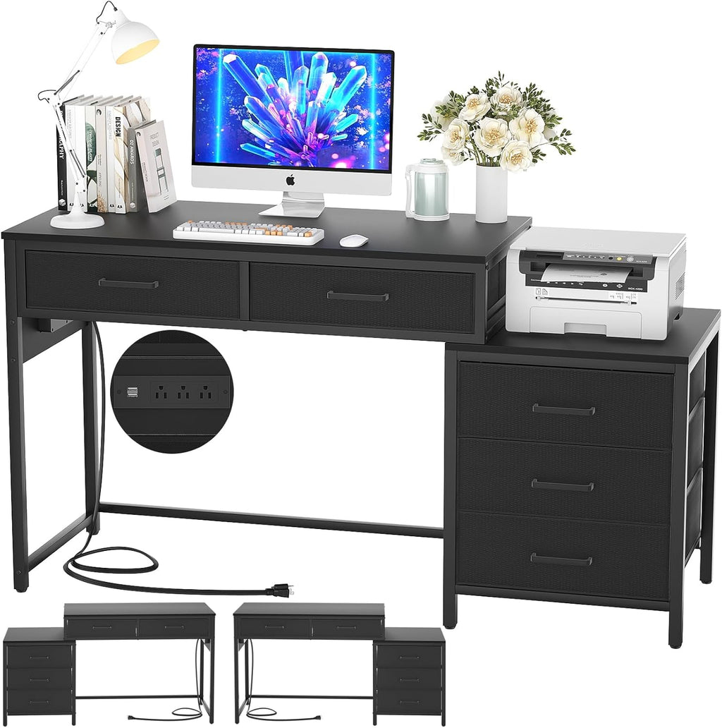 Black Computer Desk with 5 Drawers and Power Outlets I7572