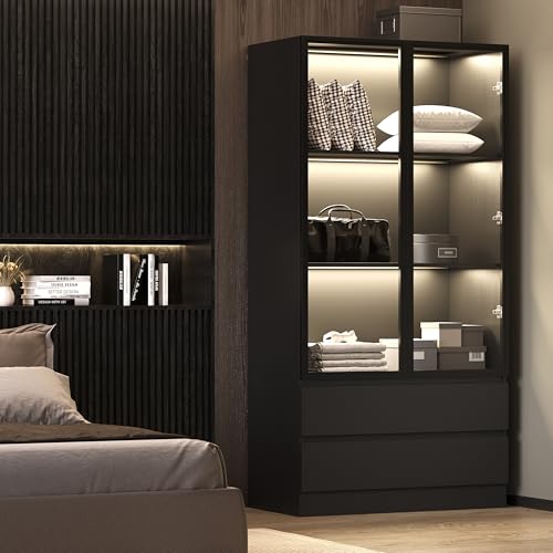 Black Tempered Glass Display Cabinet with LED Lights and 3 Shelves B3084