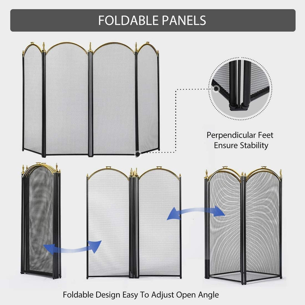 4 Panel 51.5 x 32 Inch Wrought Iron Black Fireplace Screen Mesh P55048