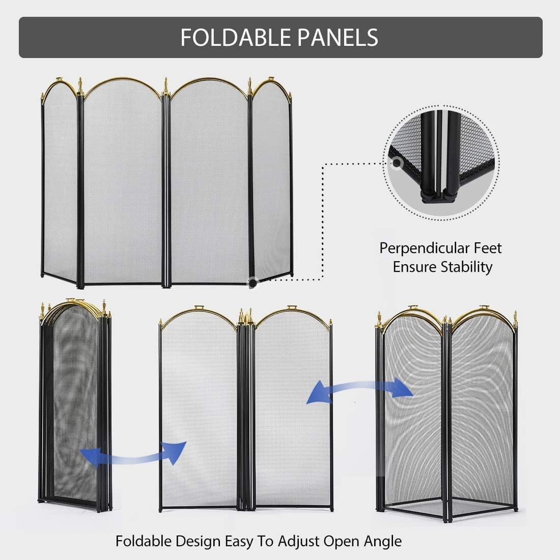 4 Panel 51.5 x 32 Inch Wrought Iron Black Fireplace Screen Mesh P55048