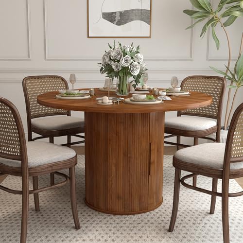47 inch Round Dining Table with 2-Layer Storage Shelf and Wood Slide Door (Walnut) Z1818