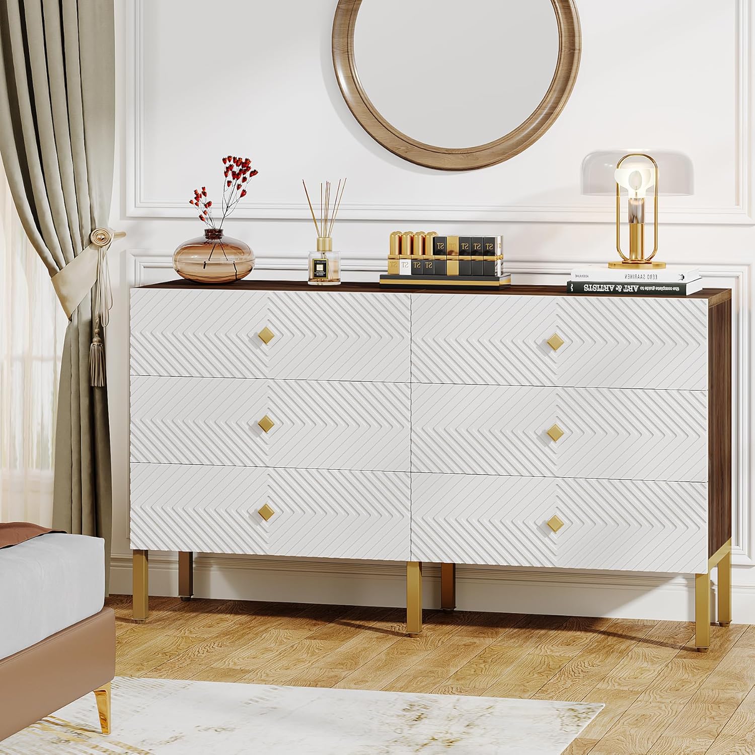 6-Drawer Double Wide Wood Dresser with Gold Legs and Handles, White & Brown K816551