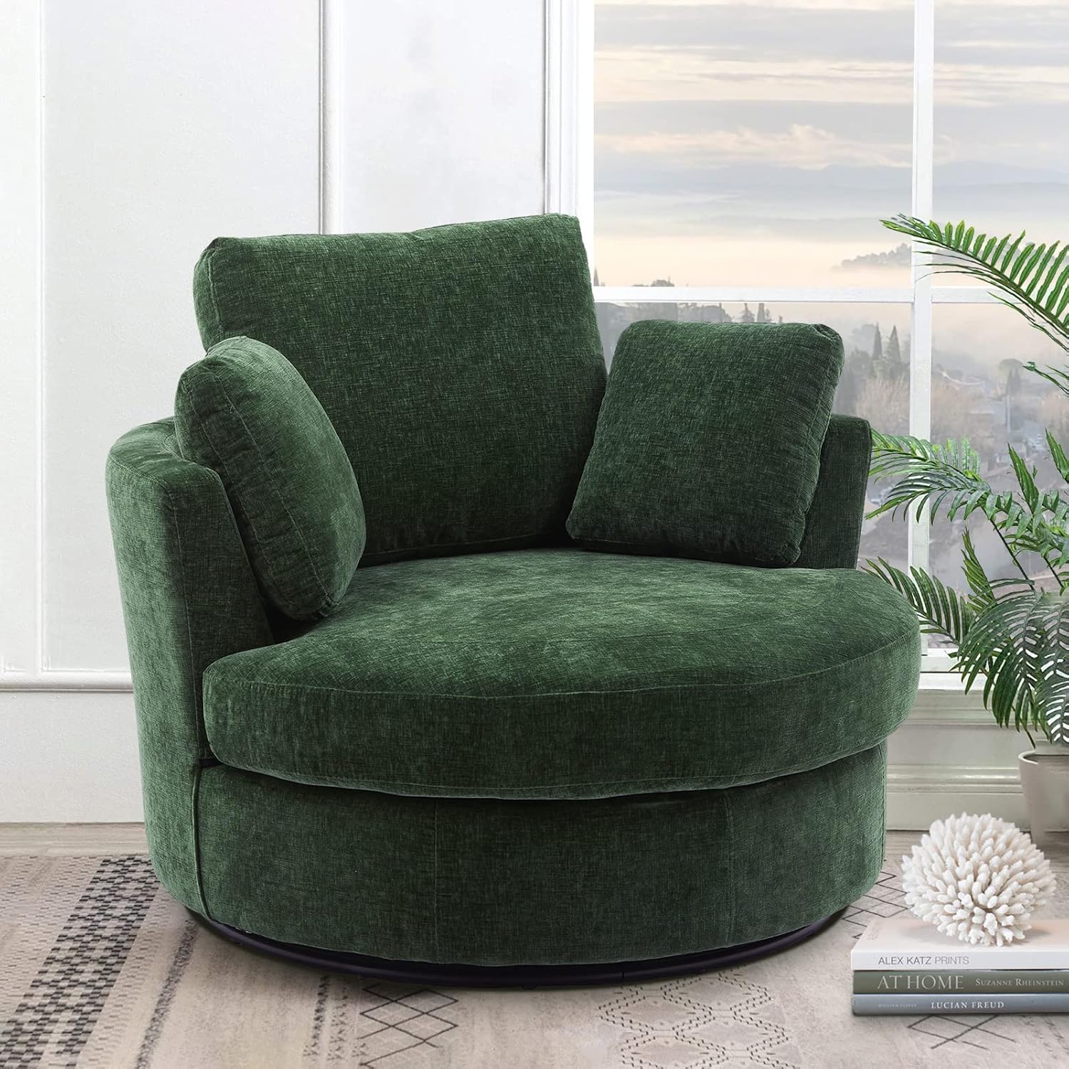 Green Chenille Oversized Swivel Barrel Chair E92110