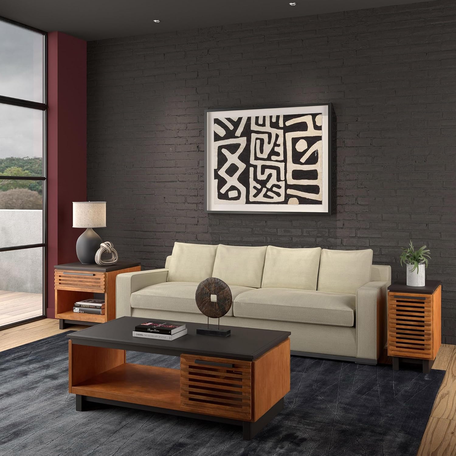 Modern Coffee Table, 47 inches, Poplar Solid Wood, Bourbon and Black Finish S587944