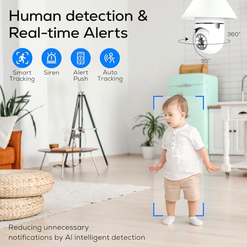 Light Bulb Security Camera, 360° WiFi Wireless Outdoor Indoor Color Night Vision, Auto Tracking Smart Alarm, 2-Way Talk, Porch Light Socket Camera E96439