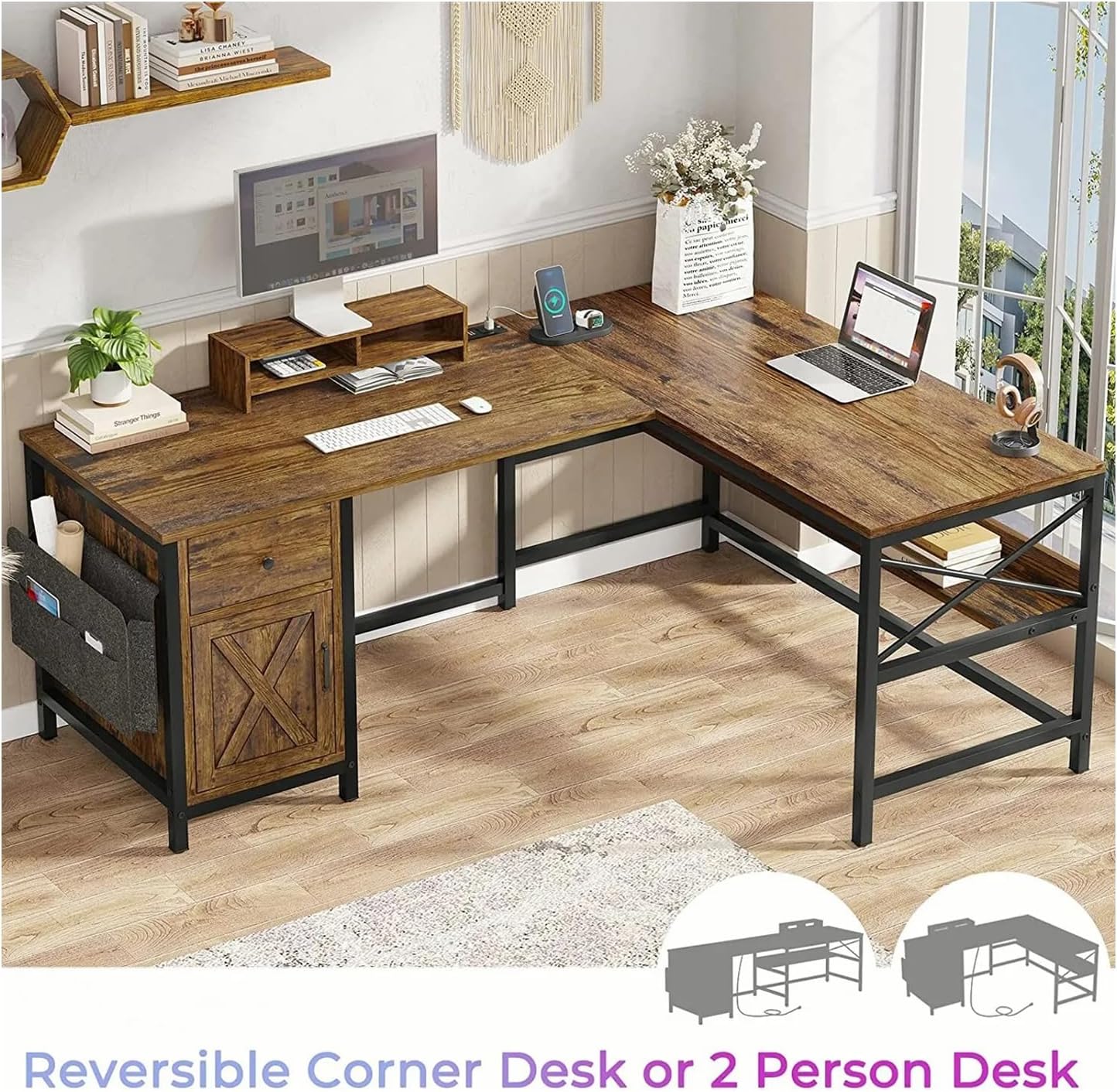 Rustic Brown L Shaped Computer Desk with Monitor Stand Storage Drawer Metal Wood 86.6”L x 19.7”W x 30”H A11725