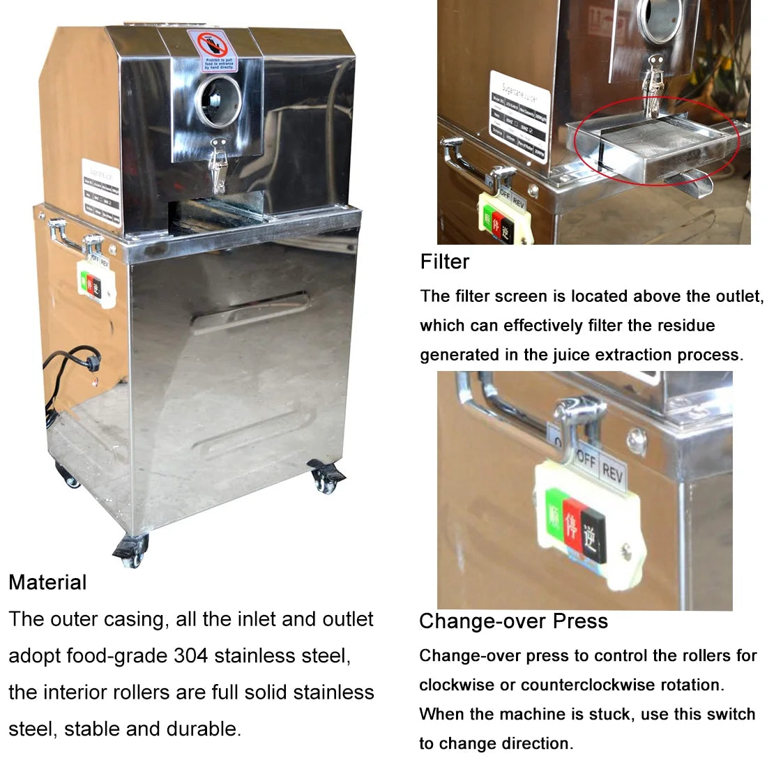 Vertical Electric Sugarcane Juicer Juice Press Machine 4 Rollers Stainless Steel Silver E827