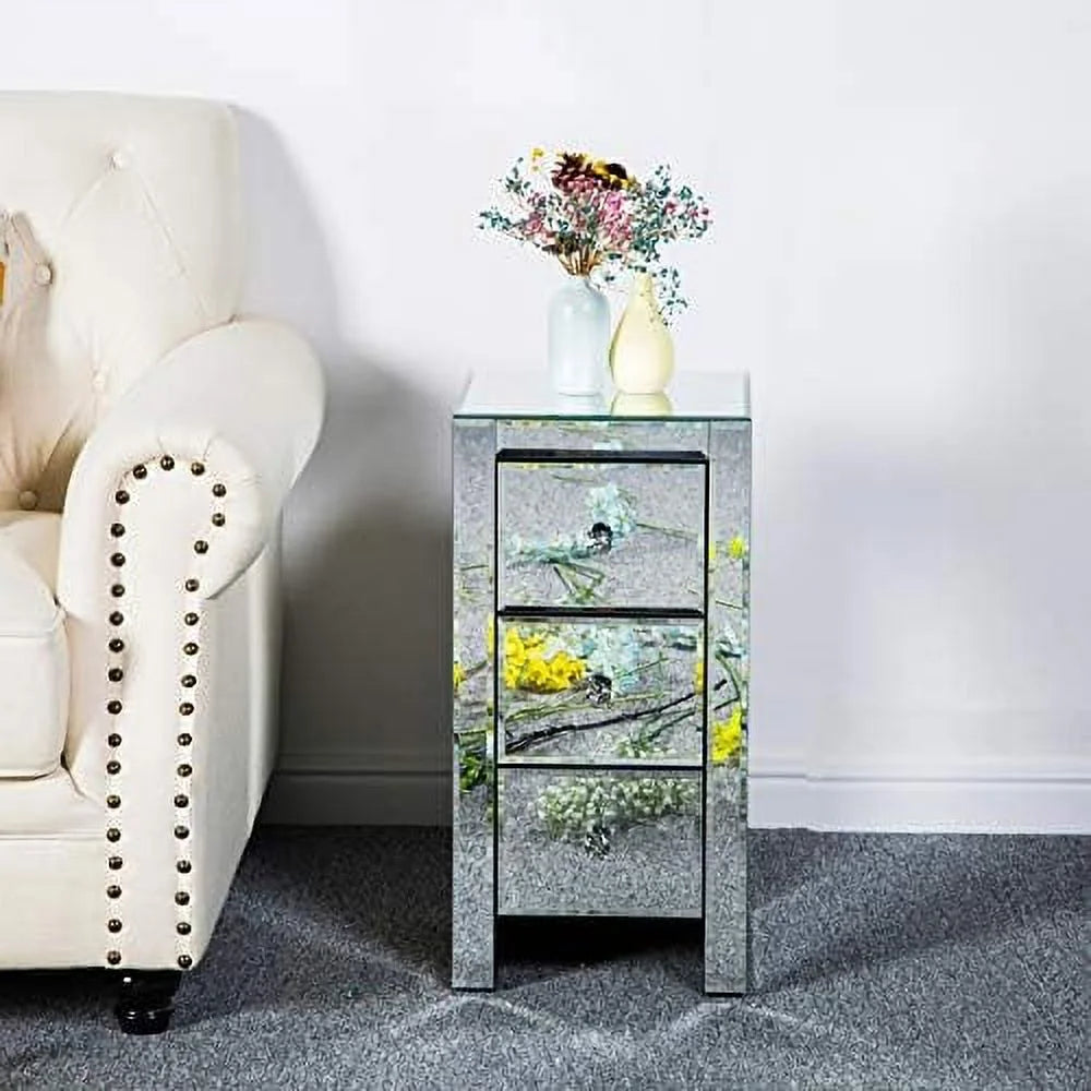 Mirrored Nightstand with 3 Drawers Silver U5171