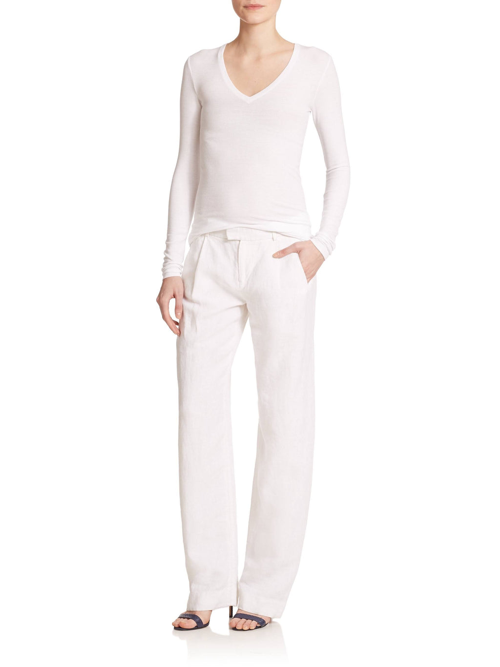 White Long-Sleeve V-Neck Tee I157