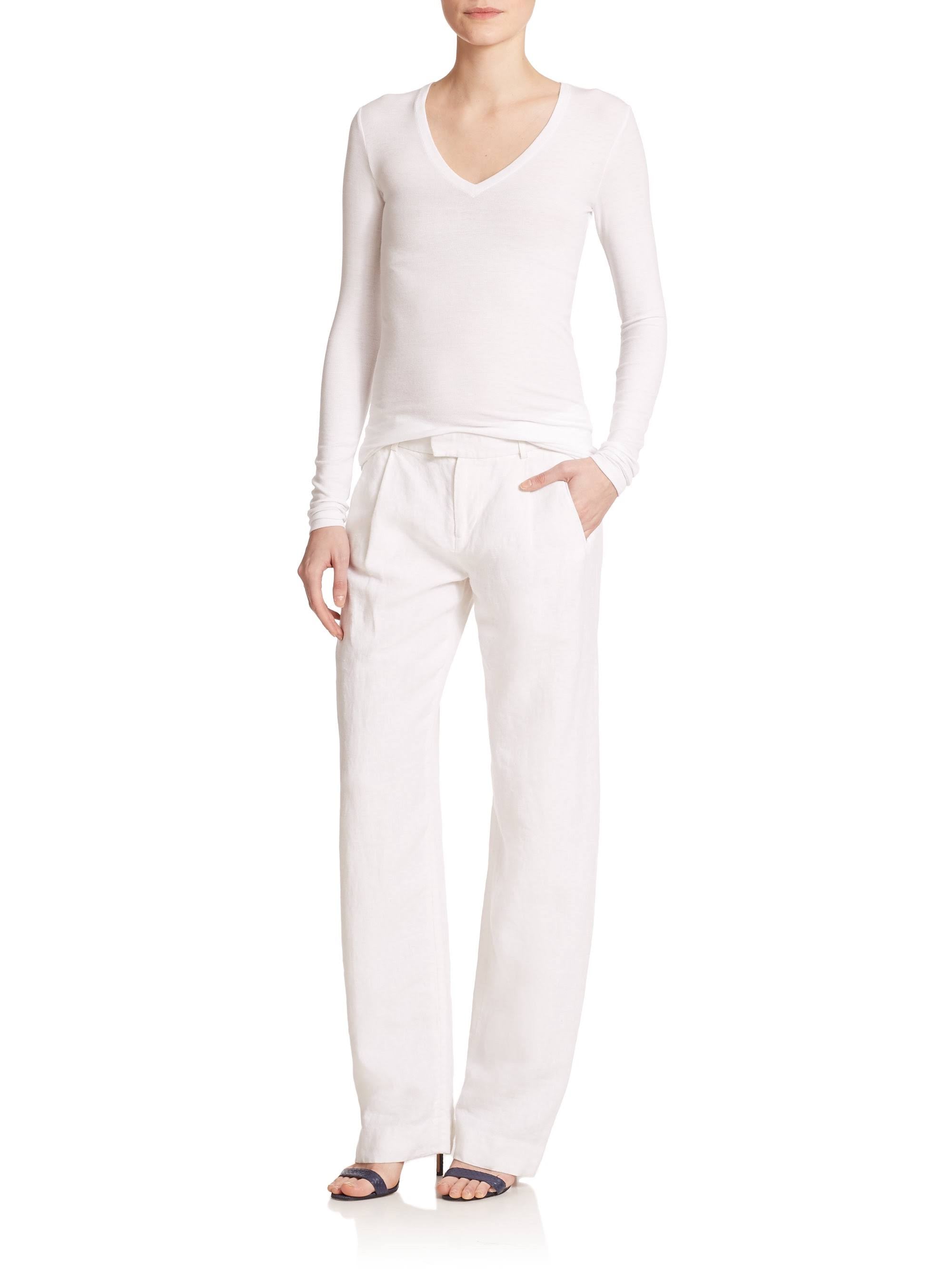 White Long-Sleeve V-Neck Tee I157