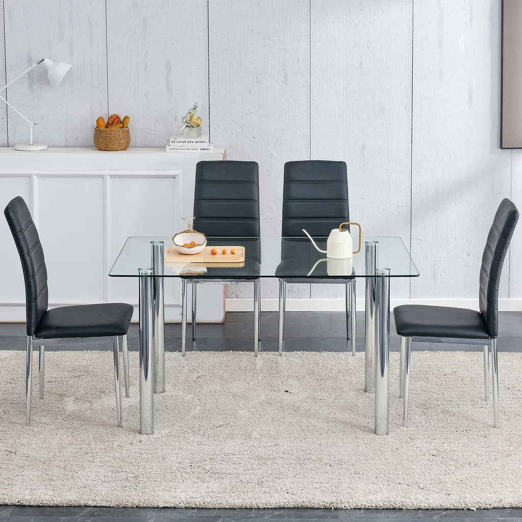5 Piece Glass Dining Table Set with 4 Black PU Leather Chairs and Metal Legs C3601