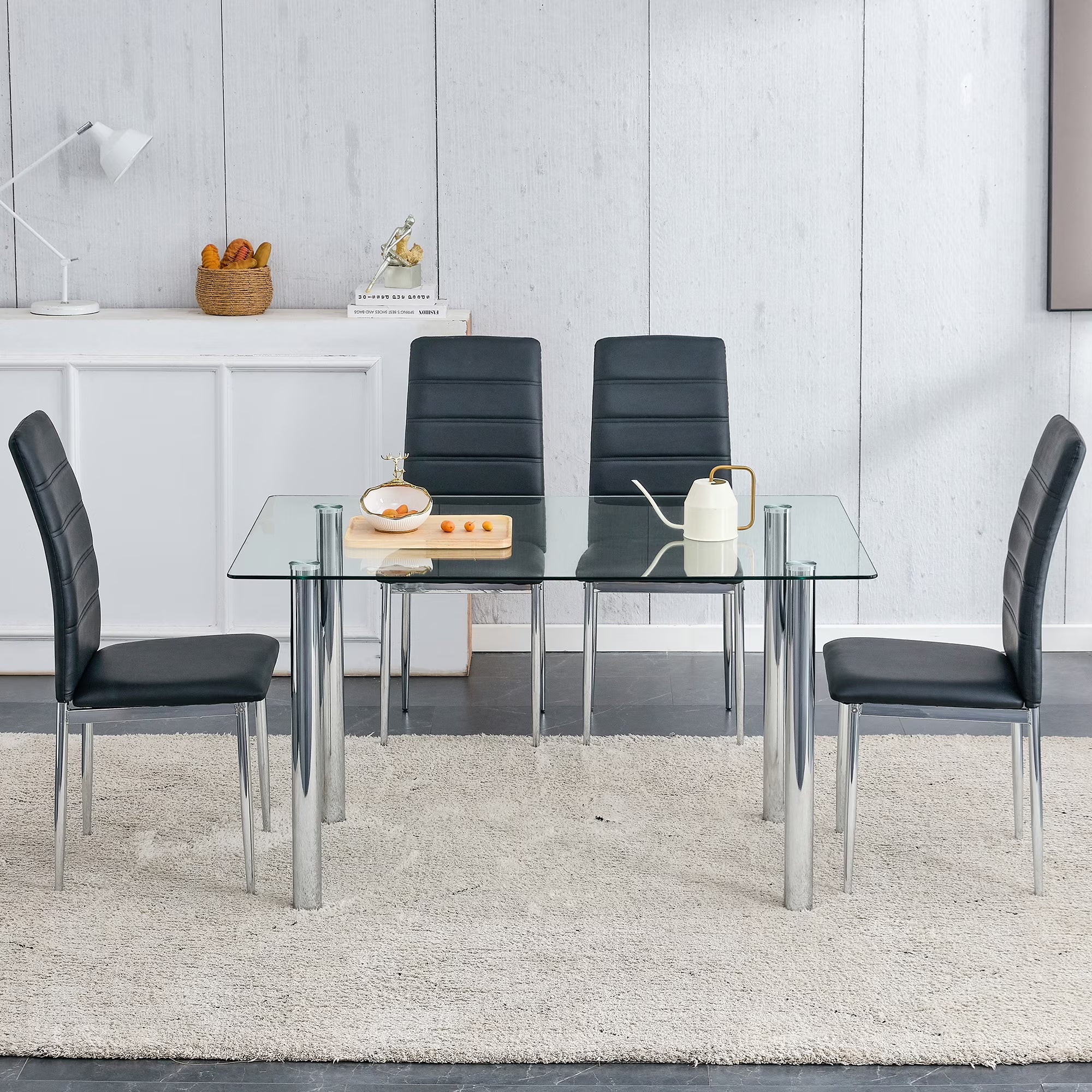 5 Piece Glass Dining Table Set with 4 Black PU Leather Chairs and Metal Legs C3601