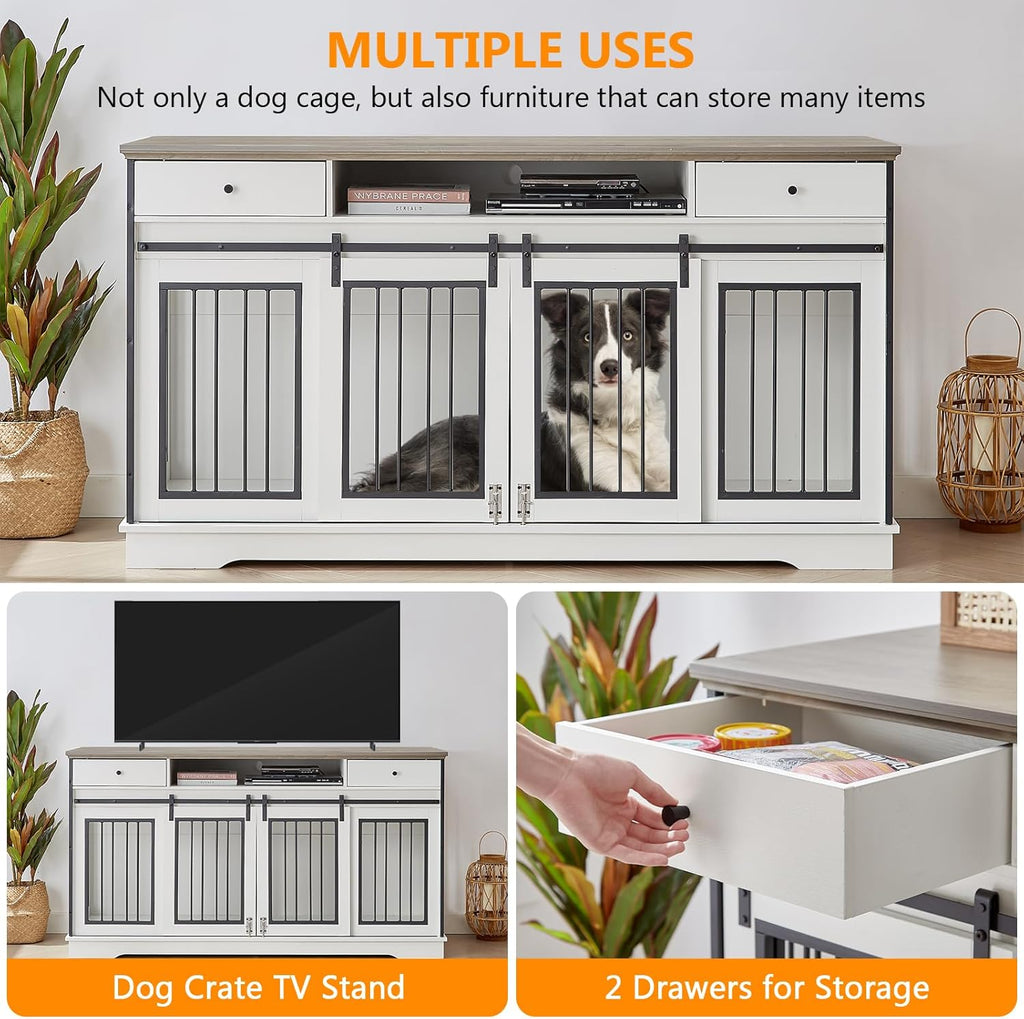White Double Dog Crate Furniture with Divider and 2 Drawers O539559