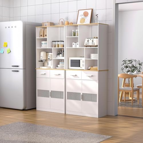 White 72'' Tall Kitchen Pantry Cabinet with Microwave Stand P228592
