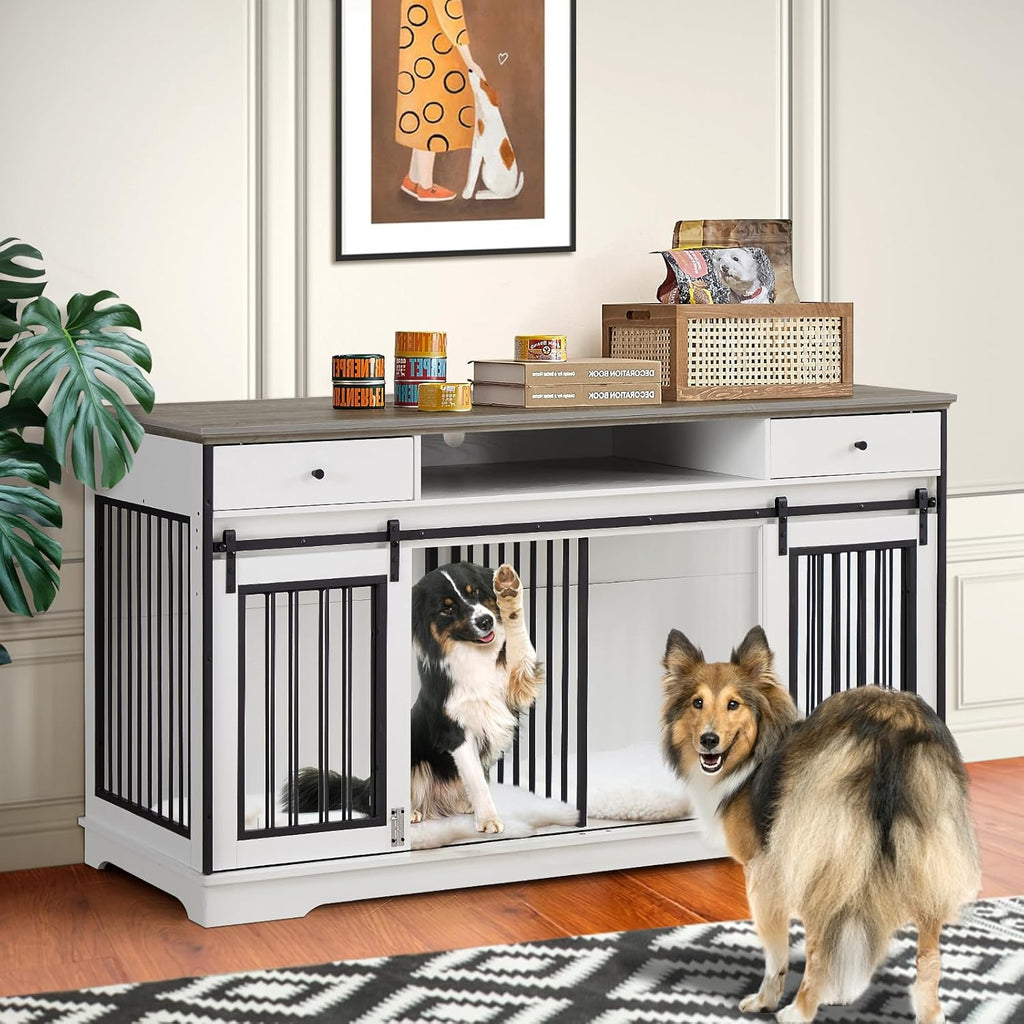 White Double Dog Crate Furniture with Divider and 2 Drawers O539559
