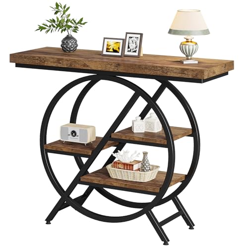 39.4-Inch Rustic Brown Console Table with 4-Tier Geometric Metal Frame Q749883