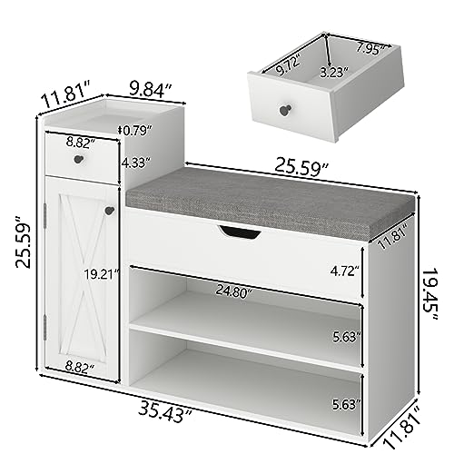 2-Tier Shoe Storage Bench with Sliding Barn Door Storage Cabinets & Removable Seat Cushion S223