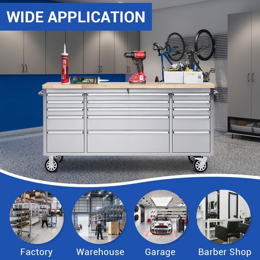 15 Drawer Stainless Steel Rolling Tool Chest with Wheels and Wood Top W441