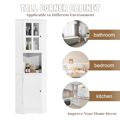 White Tall Corner Cabinet with Adjustable Shelves and Doors F123789
