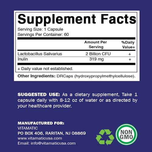 60 Count Lactobacillus Salivarius DR Capsule with Prebiotic Inulin Fiber J6811