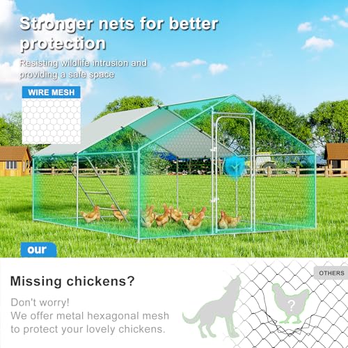 Large Metal Chicken Coop Walk-in Poultry Cage with Waterproof and UV-Resistant Cover, Outdoor Chicken Run Poultry Hen House, Spire Roof (10’ W x 13.2’ L x 6.4’ H) B65982