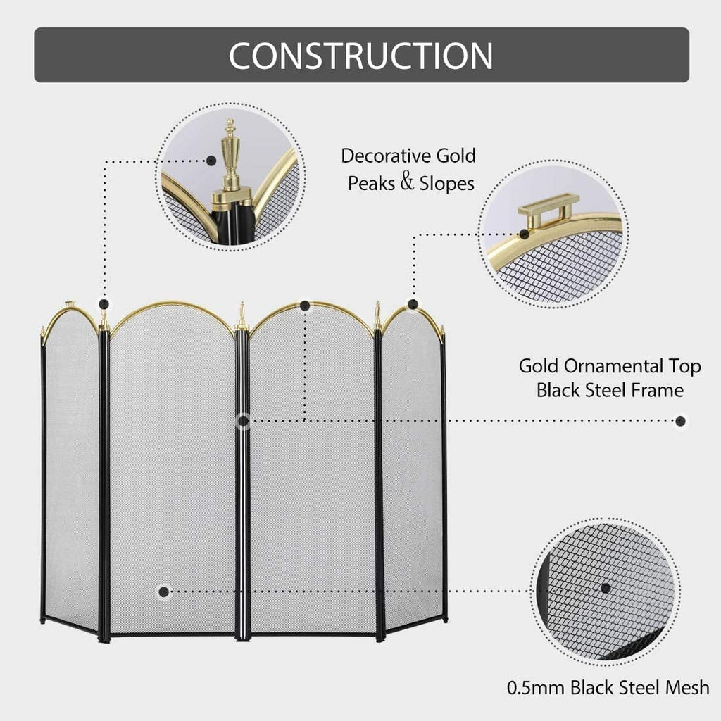 4 Panel 51.5 x 32 Inch Wrought Iron Black Fireplace Screen Mesh P55048