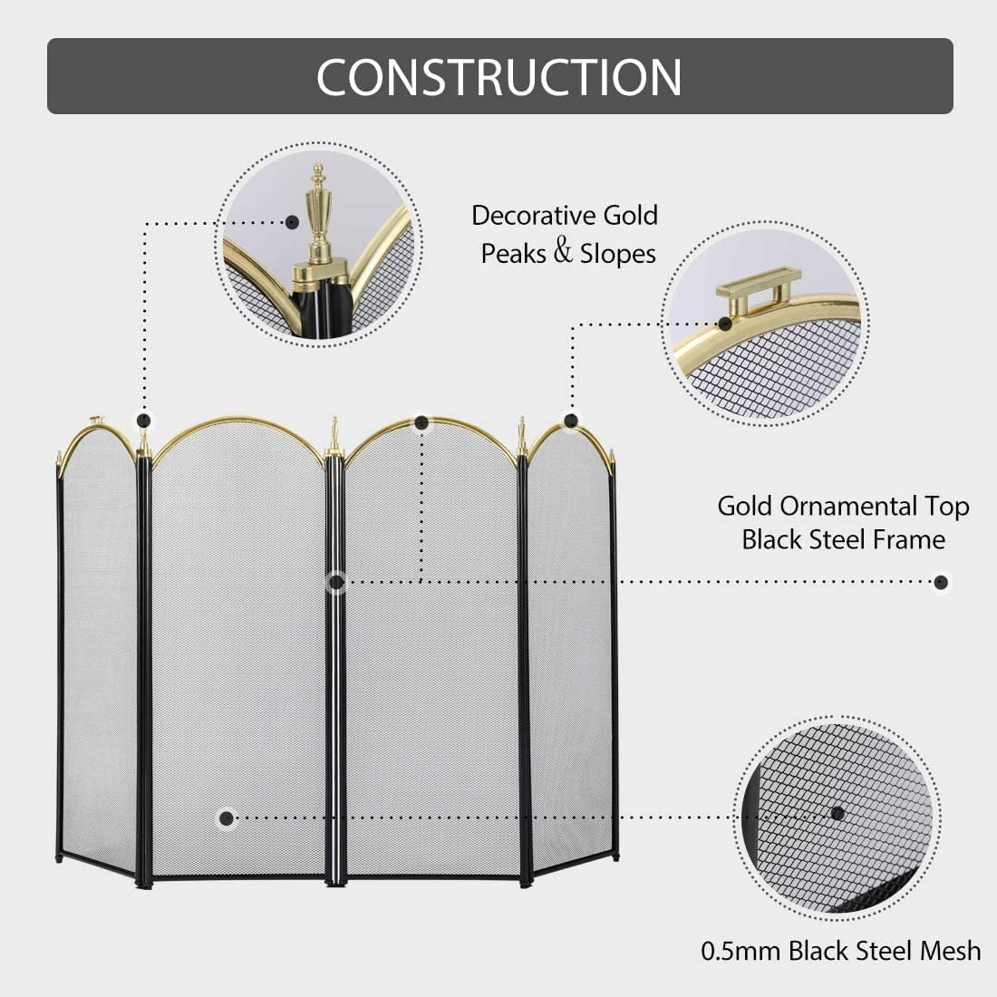 4 Panel 51.5 x 32 Inch Wrought Iron Black Fireplace Screen Mesh P55048