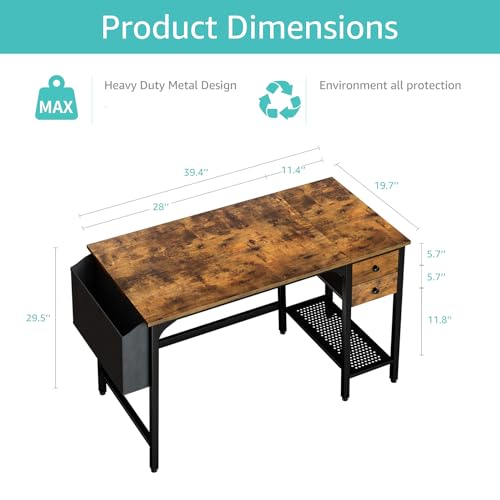 Black 40 Inch Reversible Computer Desk with Fabric Drawers L9544
