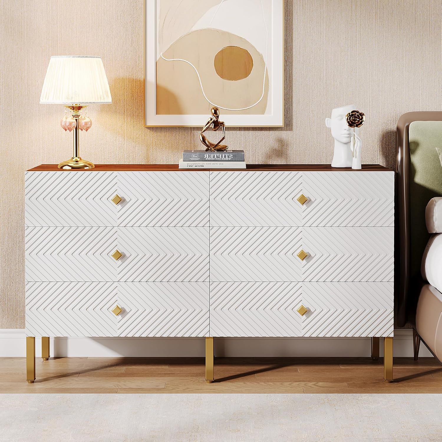6-Drawer Double Wide Wood Dresser with Gold Legs and Handles, White & Brown K816551