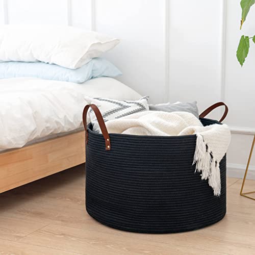 Large Woven Storage Basket with Leather Handles, 22 x 14 inches, Dark Gray K6151