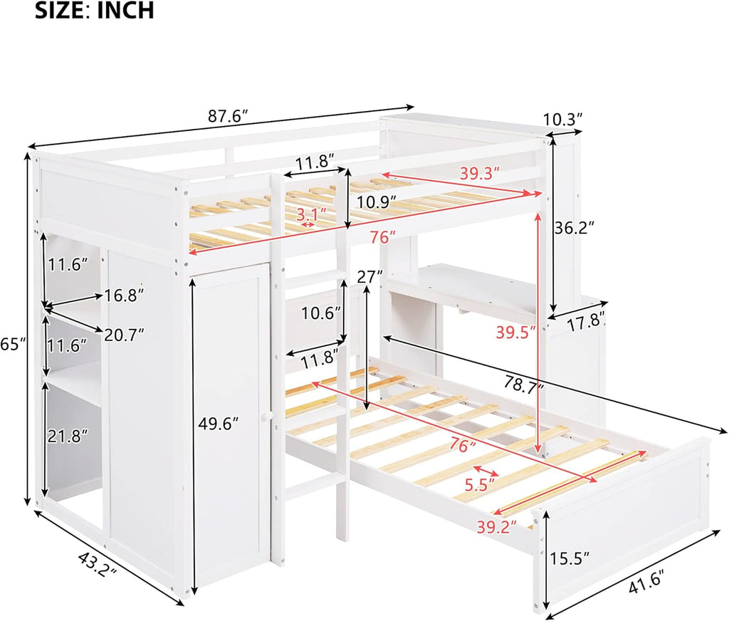 White Twin Wooden Bunk Loft Bed with Shelves Desk and Wardrobe M64287