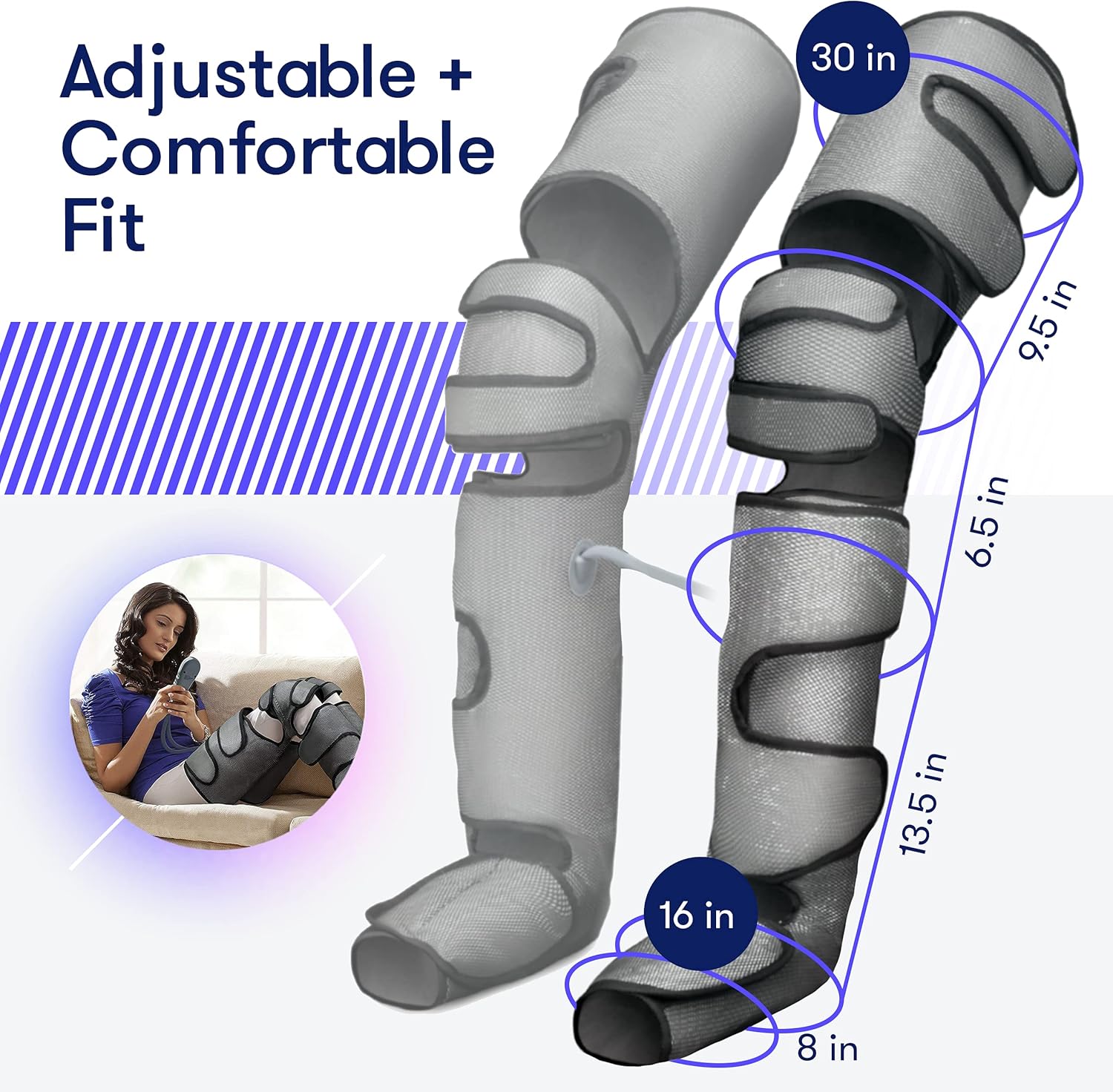 Large Knee Gray Adjustable Foot and Calf Massager with Heat Air Compression D5846