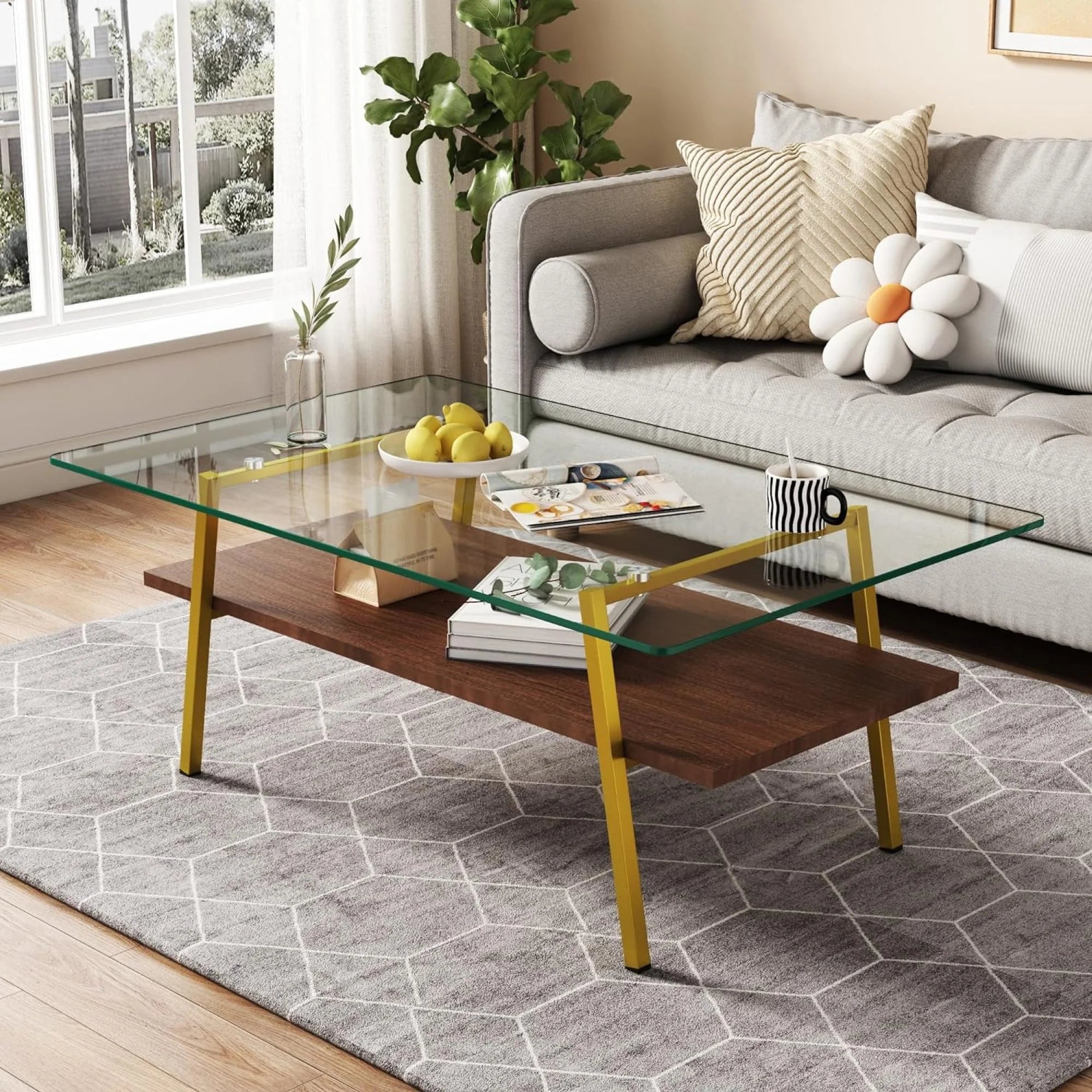 Black Frame Transparent Glass Brown Wood Coffee Table U560
